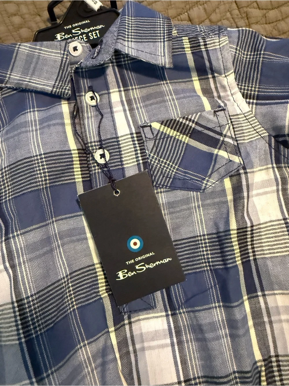 BWT  3/6 Month Blue Plaid Baby One-Piece with Tan Jogger Bottoms